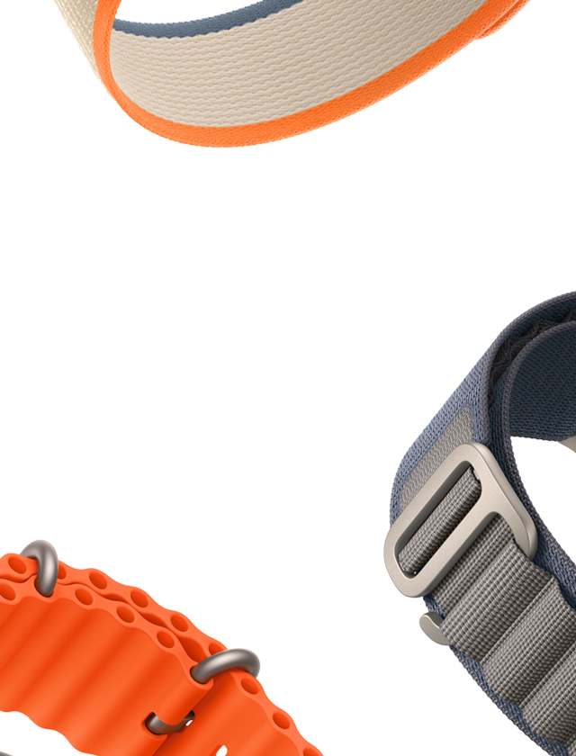 Tre cinturini: Alpine Loop blu, Trail Loop arancione e beige, cinturino Ocean arancione