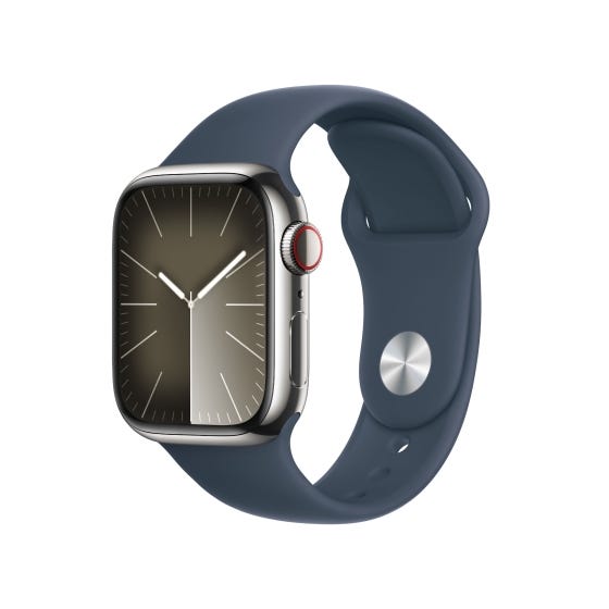 Apple Watch Series 9 GPS Cellular 45mm Silver Stainless Steel Case with Storm Blue Sport Band M L