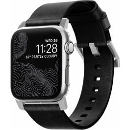 Modernes Leder Armband Strap, schwarz/silber, 42/44/45 mm, Nomad