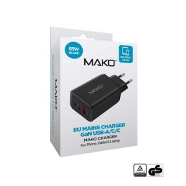 USB-Charger 100-240V  2x USB-C max. 65W / 1x USB-A max. 18W  Mako 65W GaN Charger USB-C/USB-C/USB-A Black