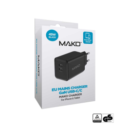 USB-Charger 100-240V  2x USB-C max. 45W  Mako 45W GaN Charger USB-C/USB-C Black