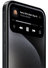 The top portion of iPhone 15 Pro showing music control options available at a glance with Dynamic Island on iPhone 15