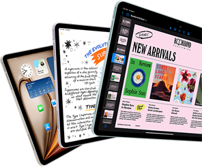 Tre iPad Air che mostrano varie app e funzioni di iPadOS
