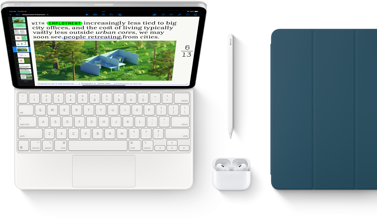 Smart Keyboard Folio, Apple Pencil, AirPods Pro und iPad Cover in Marineblau