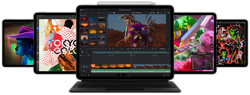 Vista anteriore di un iPad Pro con Smart Keyboard Folio e Apple Pencil agganciate, che mostra l’app Resolve per iPad. Dietro ci sono altri iPad