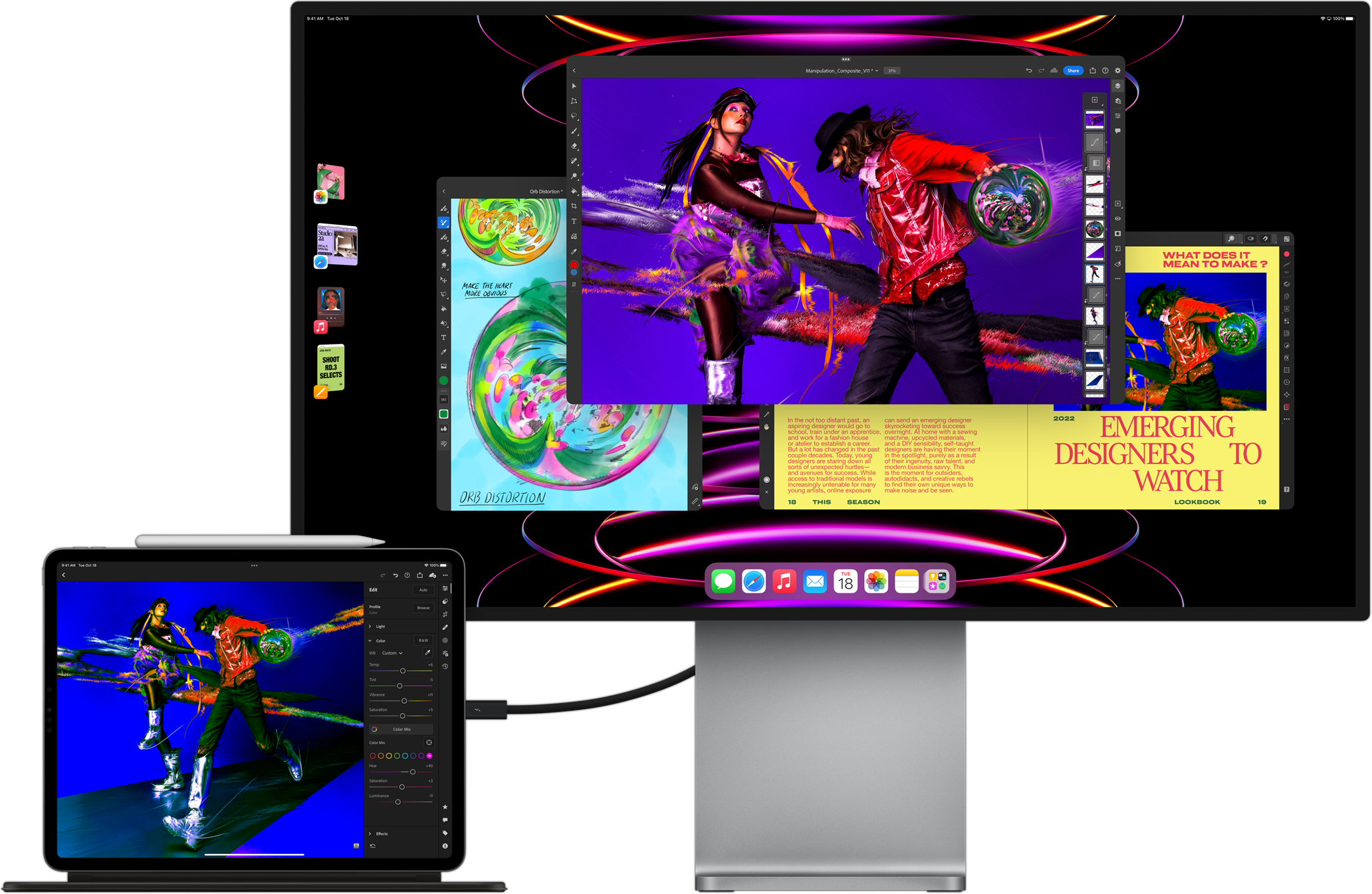 Un iPad Pro con l’app Adobe Lightroom collegato a un monitor esterno per mostrare il multitasking con Stage Manager