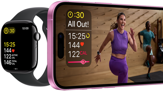 Parametri di un allenamento su un Apple Watch Series 10 e un iPhone.