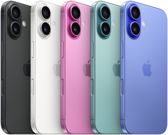 iPhone 16, Rückseite, erhöhtes fortschrittliches Zwei-Kamera-System, Apple Logo in der Mitte, alle fünf Farben, Schwarz, Weiss, Pink, Blaugrün, Ultramarin