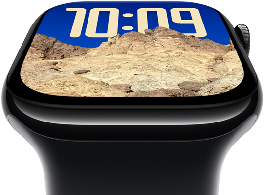 Das Display der Apple Watch Series 10 neigt sich zurück, um den grösseren Displaybereich hervorzuheben.