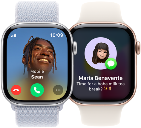 Due Apple Watch Series 10 affiancati; quello a sinistra mostra un chiamata in arrivo, quello a destra un messaggio.