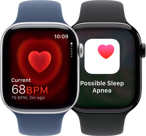 Due Apple Watch Series 10 affiancati; quello a sinistra mostra l’app Battito che rileva una frequenza cardiaca di 68 BPM, quello a destra la notifica di un’apnea notturna
