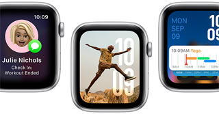 Übersetzen App, Wegbegleitung App, Fotos Zifferblatt, Modular Zifferblatt und Vitalzeichen App auf fünf Apple Watch SE Geräten