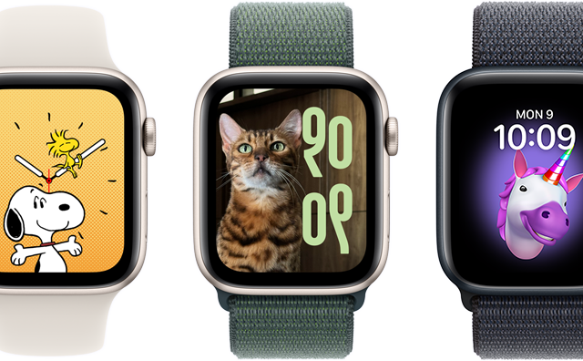 Zifferblatt Optionen, inklusive Memoji, Fotos, Porträts und Snoopy, auf sechs Apple Watch Geräten