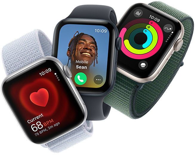 Herzfrequenzmesser, eingehender Anruf und Aktivitätsringe auf drei Apple Watch Geräten