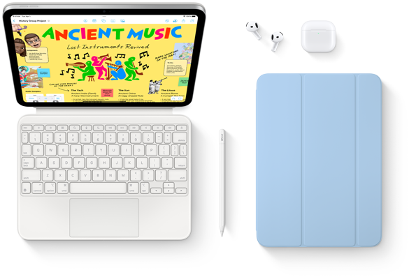 iPad, Magic Keyboard Folio, Apple Pencil, AirPods e Smart Folio.