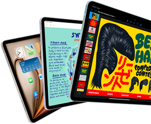 Tre iPad Air che mostrano varie funzioni di iPadOS