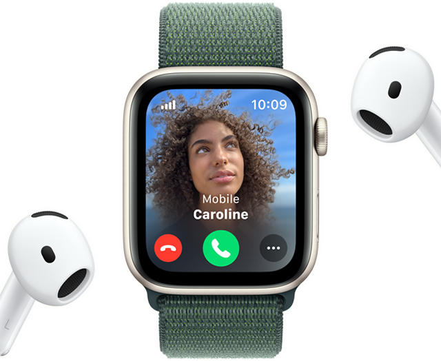 Incoming call on an Apple Watch SE, next to a pair of AirPods